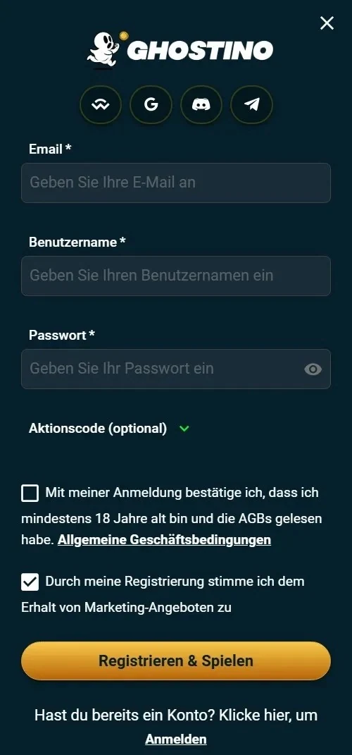Ghostino Registrierung und Anmeldung